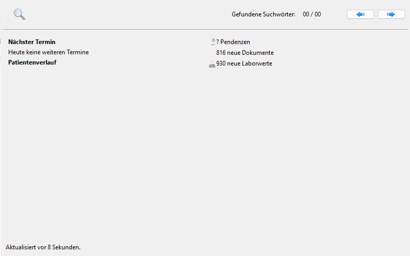 Spotlight-Ansicht ohne Treffer; Zähler ‚Gefundene Suchwörter: 00/00‘ sichtbar.