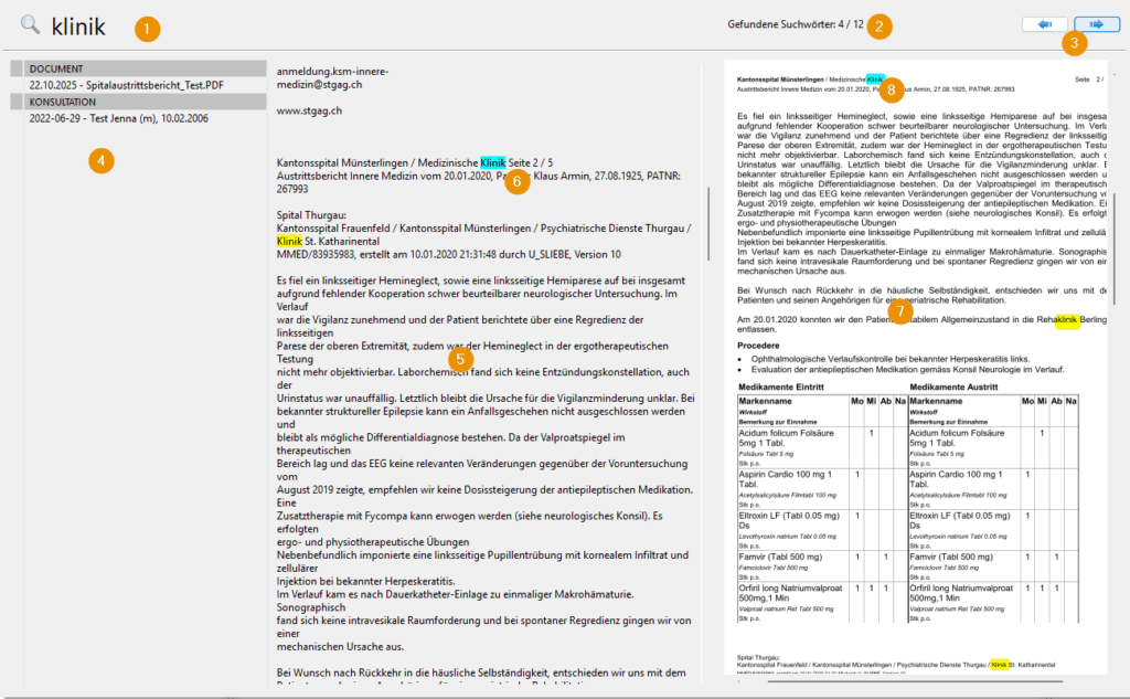 Spotlight-Überblick; beschriftet: (1) Suche, (2) Trefferanzahl, (3) Navigation, (4) Trefferliste, (5) Reintext (OCR), (6) Hervorhebung im Text, (7) Dokumentvorschau, (8) Hervorhebung im Dokument.