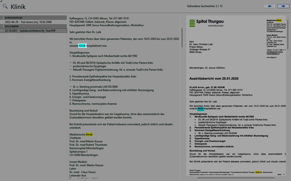 Spotlight mit OCR-Reintext in der Mitte und Dokumentvorschau rechts; Suchwort im Text hervorgehoben.