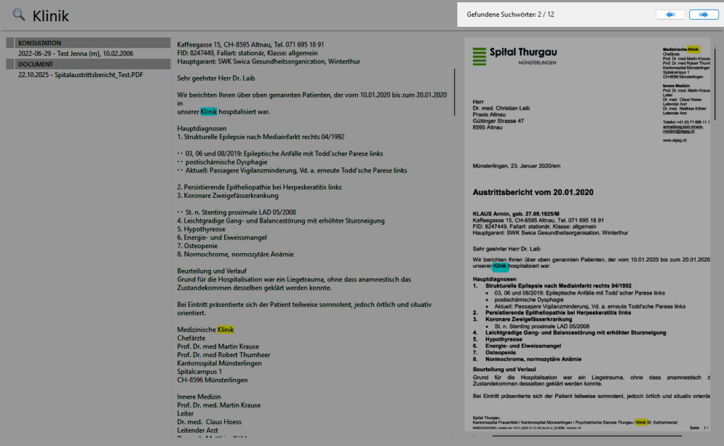 Zähler ‚Gefundene Suchwörter‘ und Pfeilsymbole zum Vor-/Zurückspringen zwischen Treffern.