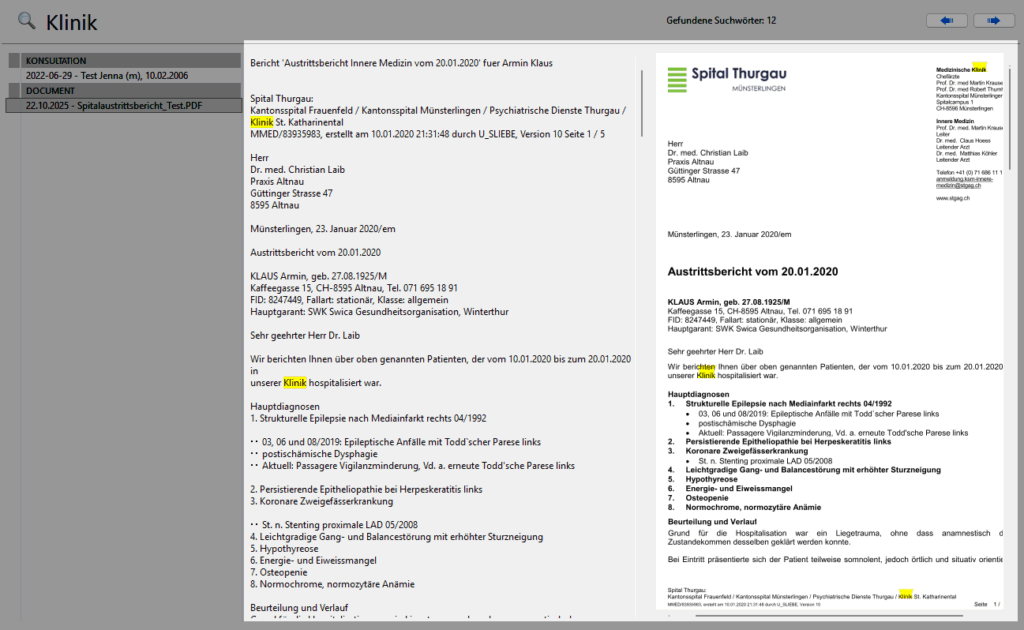 Spotlight-Vollansicht: links Trefferliste, Mitte OCR-Reintext, rechts Dokumentvorschau; Suchwort mehrfach markiert.